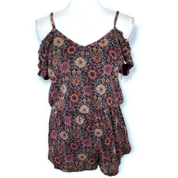 XHILARATION BLACK & PINK FLORAL COLD SHOULDER ROMPER SZ.M NWT. - Picture 1 of 9